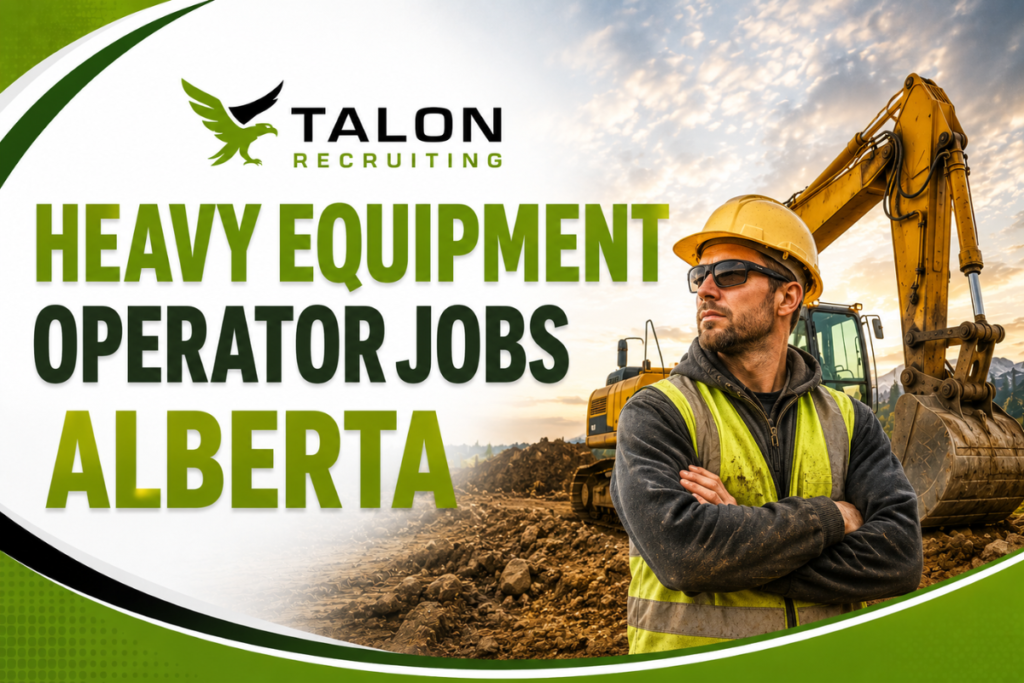 Heavy Equipment Operator Jobs Alberta banner by Talon Recruiting featuring construction equipment operator career opportunities.